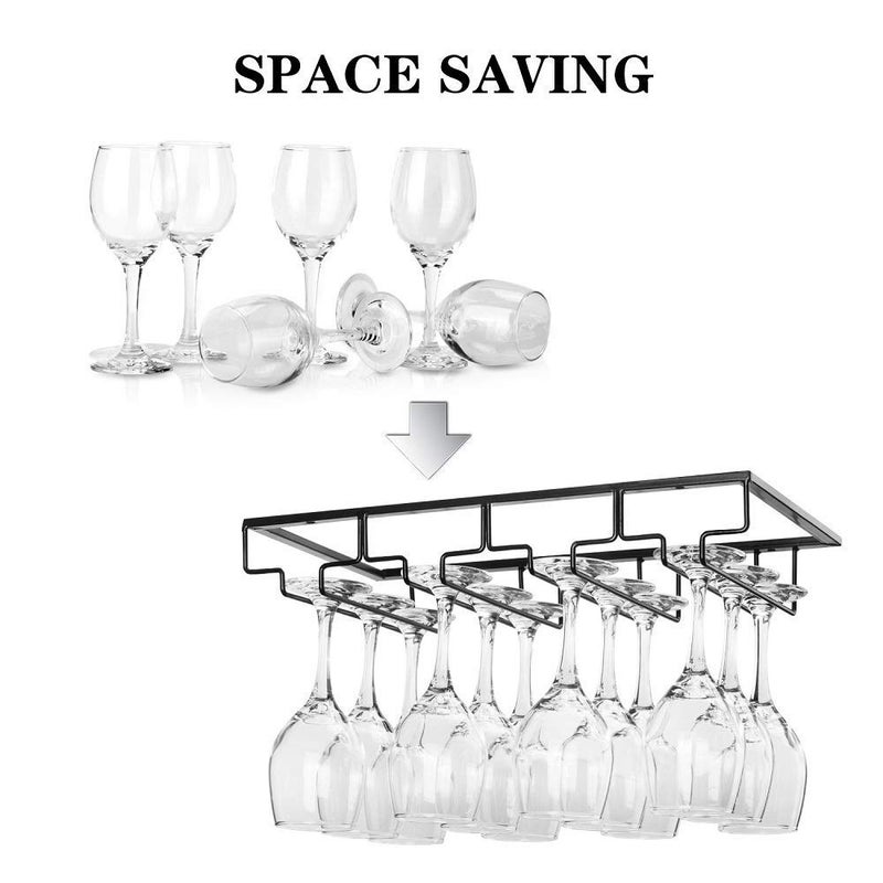 FOMANSH Wine Glass Rack Under Cabinet - Stemware Holder Metal Wine Glass Organizer Glasses Storage Hanger for Bar Kitchen Black 4 Rows - Image 2
